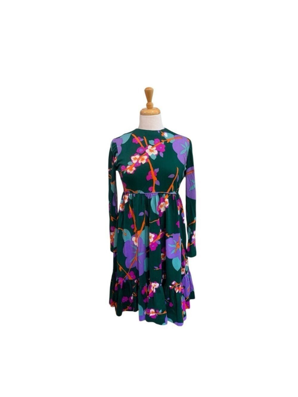 Vntg 70’s Women's Leslie Juniors Green Floral Long Sleeve lightweight Dress sz S